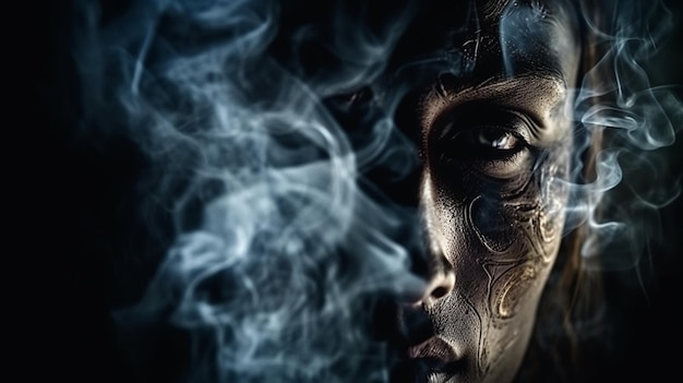 Cranio umano con fumo su sfondo nero Halloween conceptgenerative ai