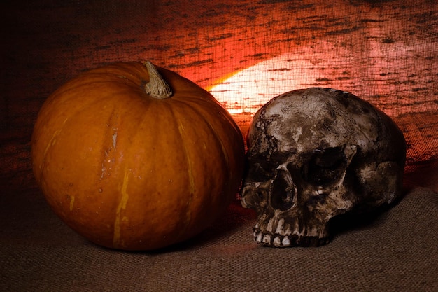 Cranio umano con luce rossa su sfondo tessile marrone Concetto di decorazioni di Halloween