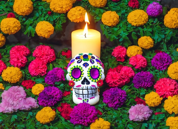 Cranio umano decorato con candele e fiori Concetto del giorno dei morti