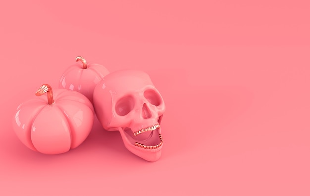 Cranio umano e zucca rendering 3d Testa di morte dorata su sfondo rosa