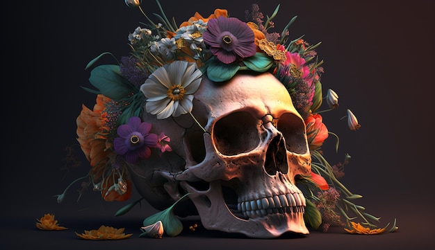 Cranio umano ghirlanda di fiori muertos immagine ai arte generata