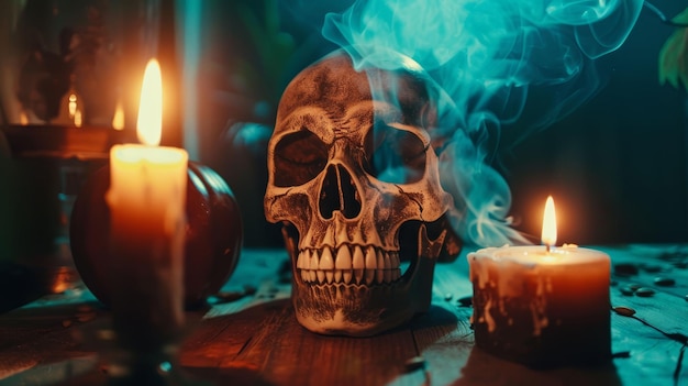 Cranio umano vividamente decorato con candele accese su un tavolo di legno in una stanza buia durante la celebrazione di Halloween di notte