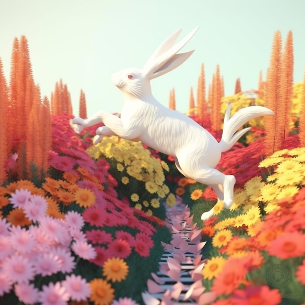 crea un dipinto di un coniglio che saltella in un giardino