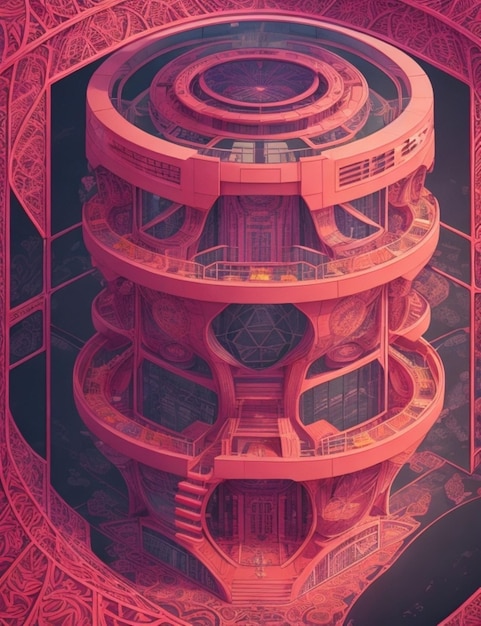 Crea un'illustrazione dettagliata in stile fumetto di un edificio per uffici futuristico con un'architettura organica