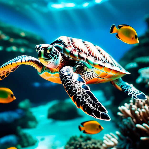 Crea un'immagine di un paradiso sottomarino con colorate barriere coralline, pesci tropicali e cristalli.