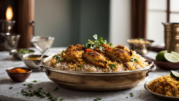 Crea un'immagine visivamente sbalorditiva di un tradizionale biryani di pollo indiano che mostra l'intricato