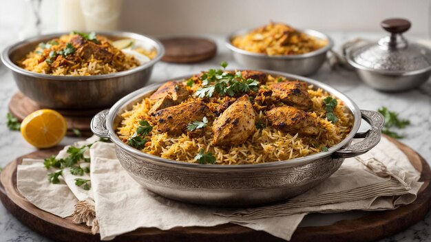 Crea un'immagine visivamente sbalorditiva di un tradizionale biryani di pollo indiano che mostra l'intricato