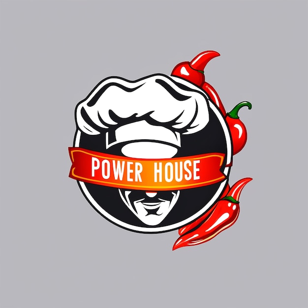 Crea un logo di Power House e il concetto è berretto da chef e Hot Fire Chili Power sfondo bianco piccante