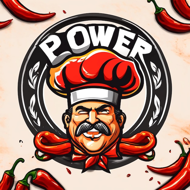 Crea un logo di Power House e il concetto è berretto da chef e Hot Fire Chili Power sfondo bianco piccante