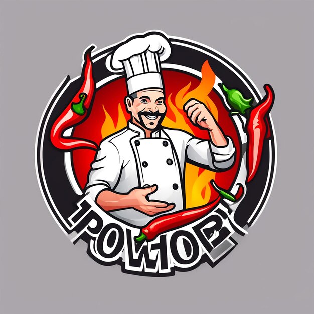 Crea un logo di Power House e il concetto è berretto da chef e Hot Fire Chili Power sfondo bianco piccante