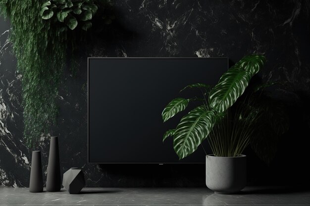 Crea un mockup di una TV montata a parete in uno spazio buio con una pianta su uno sfondo di marmo nero