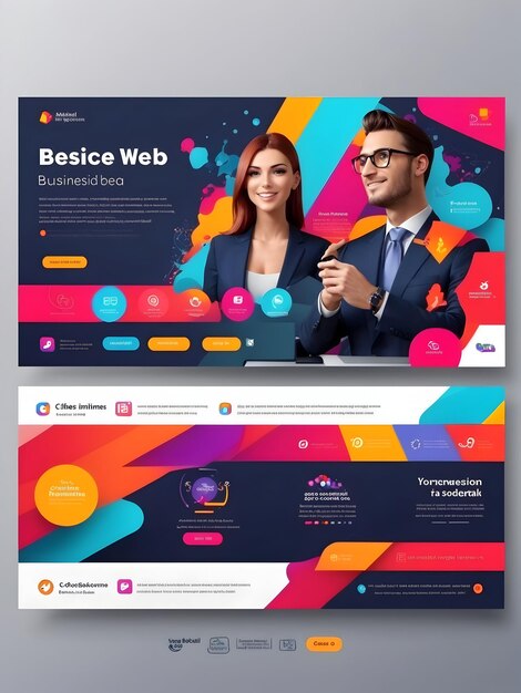 Crea un modello di progettazione di banner web moderno ed elegante per un'idea imprenditoriale con una tavolozza di colori vivaci e aria condizionata