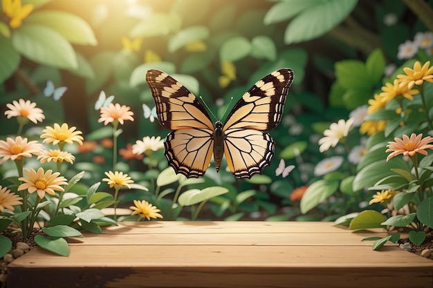 Crea una composizione con una tavola di legno in un giardino botanico sfocato con farfalle