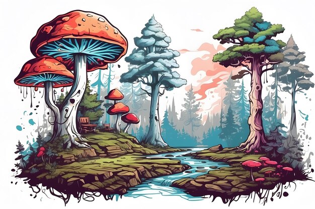 Crea una maglietta psichedelica con funghi magici nella foresta con alberi alti