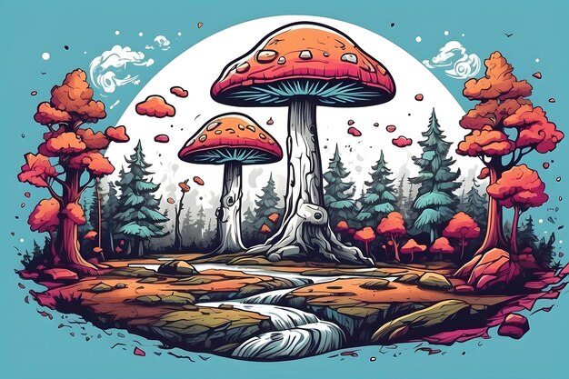 Crea una maglietta psichedelica con funghi magici nella foresta con alberi alti