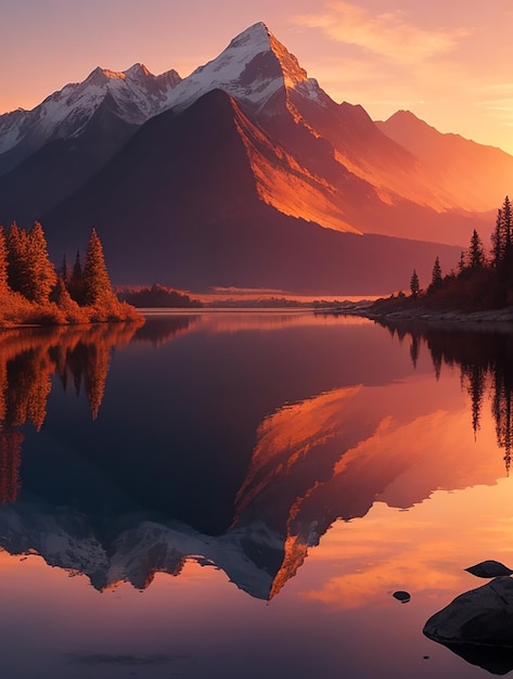 Crea una scena di una serata tranquilla con il sole che tramonta dietro le montagne