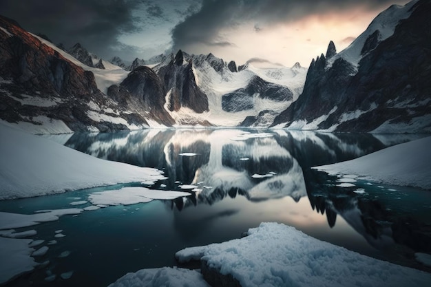 Crea una vista spettacolare di un fiordo ghiacciato con montagne innevate sullo sfondo e ancora laghi