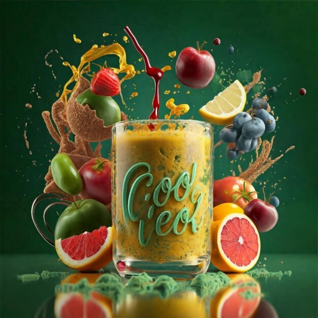 Creare freschi rossi e gialli immagine di succo in polvere con frutta verde circostante sul bicchiere di vetro