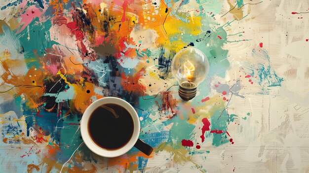 Creare nuove idee creative davanti a una tazza di caffè aromatico Un collage d'arte contemporanea è creato