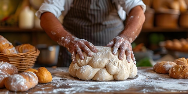 Creare pane fatto in casa su un tavolo di cucina rustica con concetto di precisione Creare pane fatta in casa in cucina rustica Creare cucina di precisione