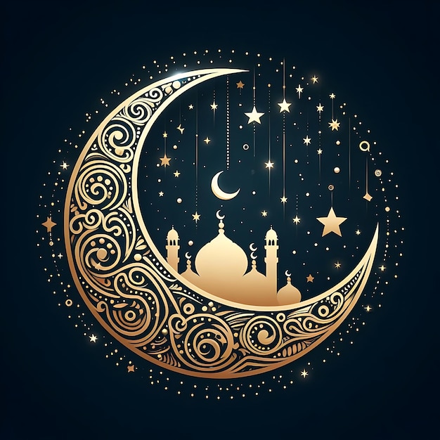 creare un biglietto di auguri di Eid Mubarak con una luna e stelle su uno sfondo bianco_ai_generated