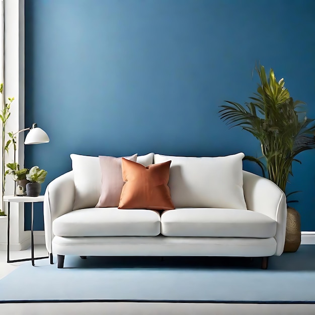 creare un divano o un divano bianco con un tavolo laterale su uno sfondo di colore nova blu AI