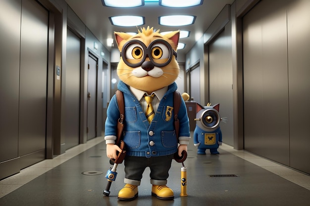 Creare un gatto antropomorfo con una sigaretta in bocca in piedi in un ascensore con in mano un peluche Minion di Despicable Me