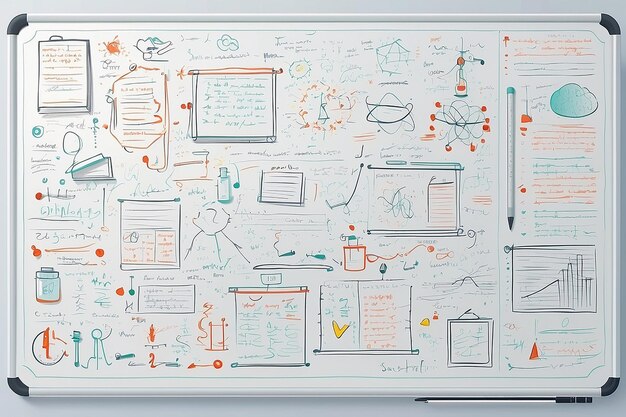 Creare un'illustrazione dettagliata di una lavagna piena di formule scritte a mano e concetti scientifici