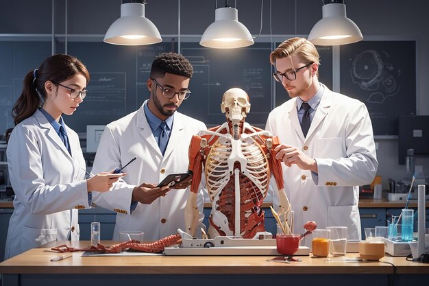 Creare un'illustrazione di un insegnante e degli studenti che utilizzano l'AR per le disseczioni anatomiche nell'illustrazione vettoriale di laboratorio in stile piatto