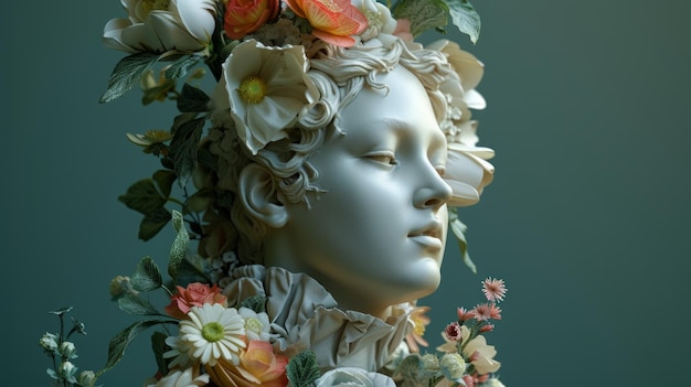 Creare un'immagine 3D di un'elegante scultura femminile graziosamente adornata con una serie di fiori primaverili La scultura dovrebbe incarnare l'essenza della femminilità AI Generative