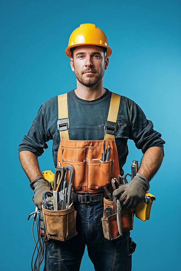 Foto creare un'immagine di un elettricista che porta alcuni strumenti e indossa un casco duro su uno sfondo blu t