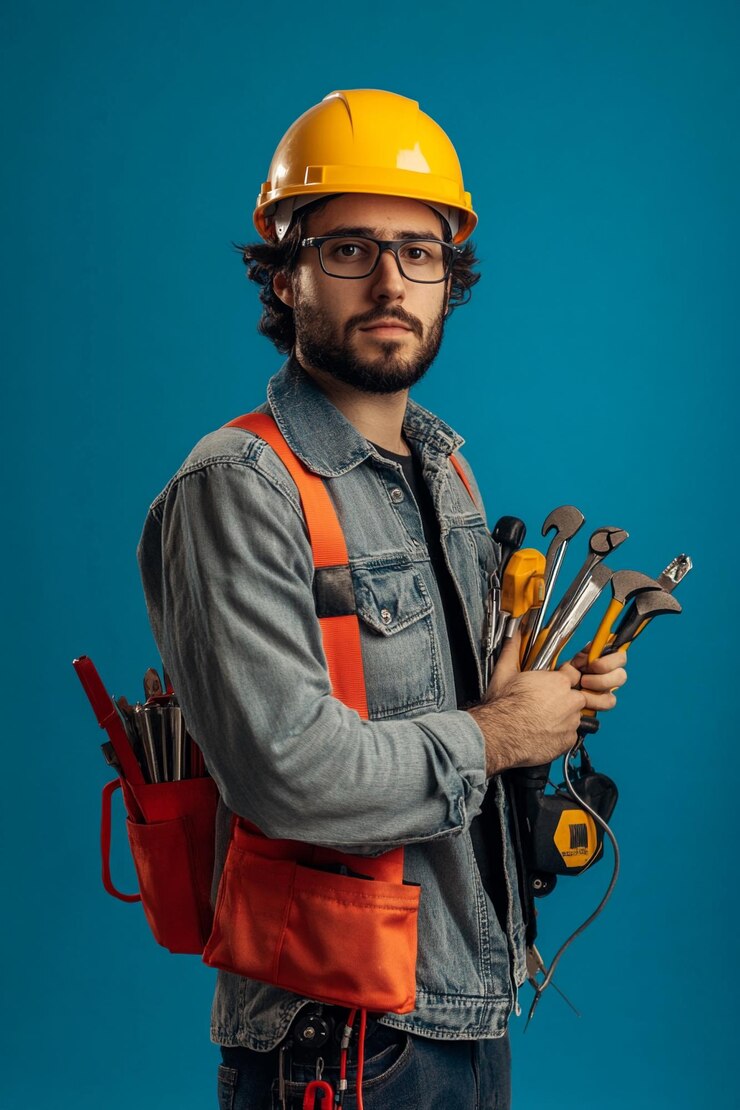 Foto creare un'immagine di un elettricista che porta alcuni strumenti e indossa un casco duro su uno sfondo blu t