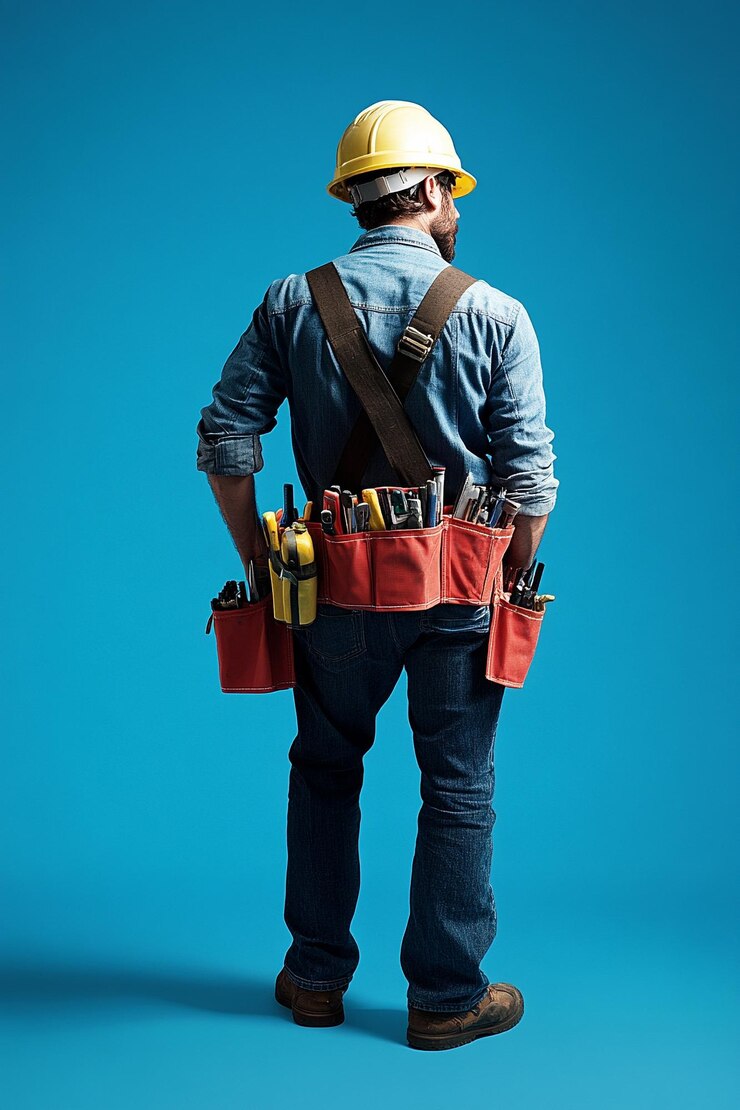 Foto creare un'immagine di un elettricista che porta alcuni strumenti e indossa un casco duro su uno sfondo blu t
