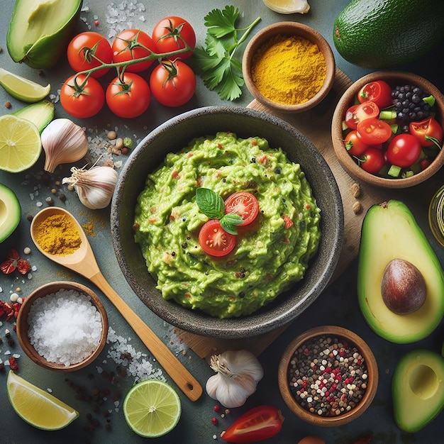 Creare un'immagine visivamente attraente di avocado maturo mashed e ciotola di guacamole appena fatta