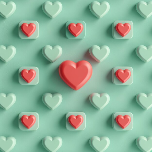 Creare un rendering 3D di un'icona di notifica del cuore d'amore rossa dei social media tra un mare di icone inosservate disposte contro una parete pastello verde chiaro calmante AI Generative