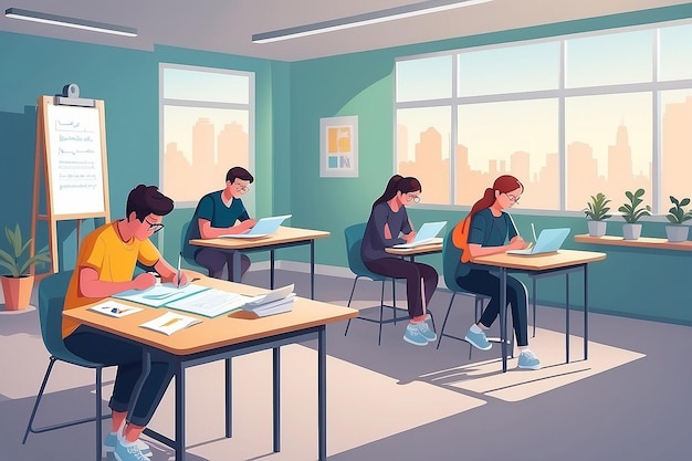 Creare una scena in cui gli studenti scrivono osservazioni e risultati su schede illustrazione vettoriale in stile piattoesperimenti