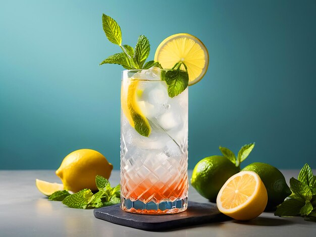 Creare una splendida fotografia di cocktail ultra realistico a 8K con mojto con limone splendidamente decorato