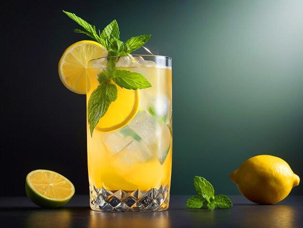 Creare una splendida fotografia di cocktail ultra realistico a 8K con mojto con limone splendidamente decorato