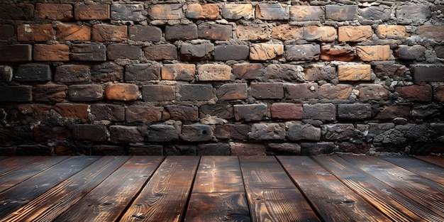 Creare uno sfondo caldo e texturato con una parete di mattoni rustica contro il pavimento di legno Concept Parete di matoni rustica pavimento di Legno sfondo di consistenza calda Foto all'aperto