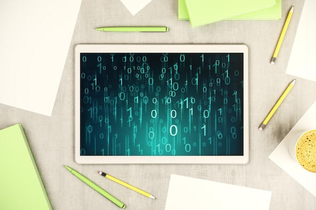 Creative abstract binary code hologram on modern digital tablet display AI and machine learning concept Top view 3D Rendering