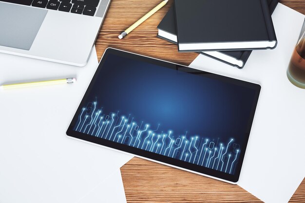 creative abstract micro chip hologram on modern digital tablet display artificial intelligence and machine learning concept top view 3d rendering