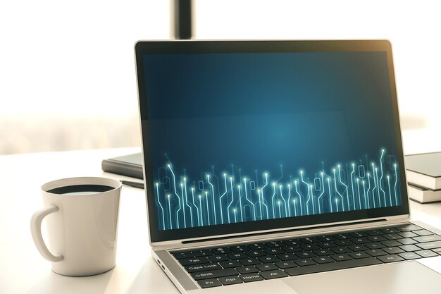 creative abstract micro circuit sketch on modern laptop monitor future technology and ai concept 3d rendering