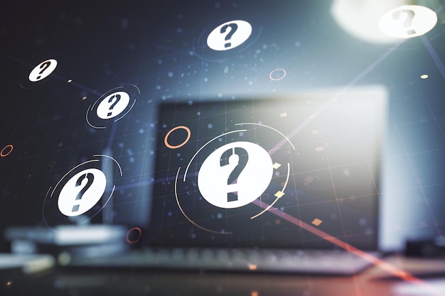 Creative abstract question mark hologram on modern computer background, future technology concept. Multi exposure
