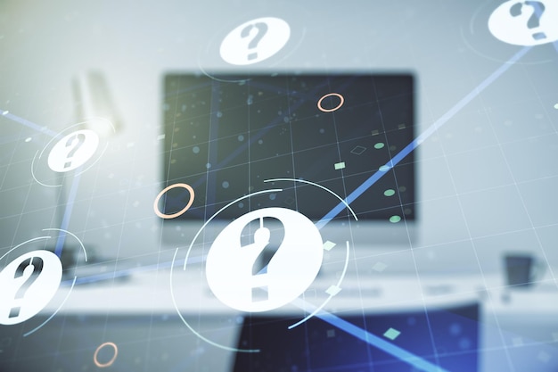 Creative abstract question mark hologram on modern computer background future technology concept Multi exposure
