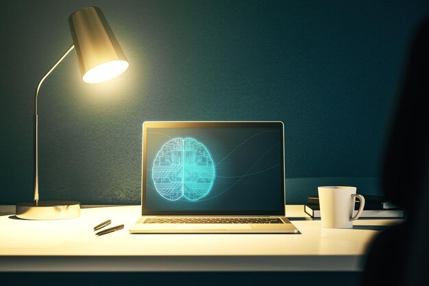 Creative artificial Intelligence concept with human brain sketch on modern laptop monitor 3D Rendering