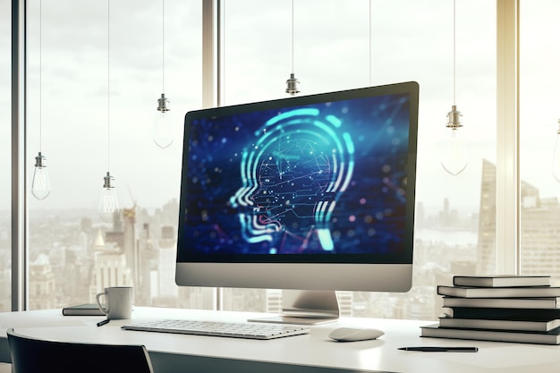 creative artificial intelligence concept with human head sketch on modern computer monitor 3d rendering