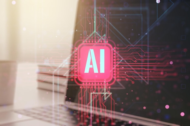 creative artificial intelligence symbol concept with modern computer on background double exposure