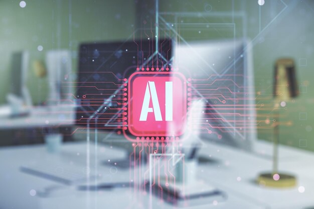 creative artificial intelligence symbol concept with modern computer on background double exposure