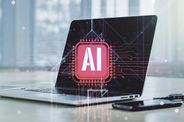 creative artificial intelligence symbol concept with modern computer on background double exposure