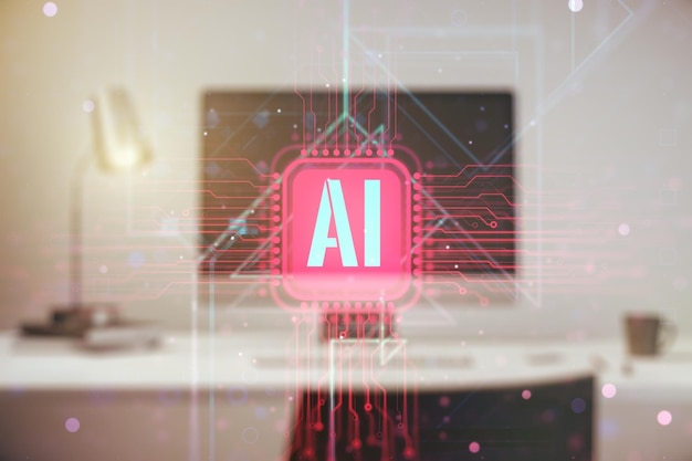 creative artificial intelligence symbol concept with modern computer on background double exposure